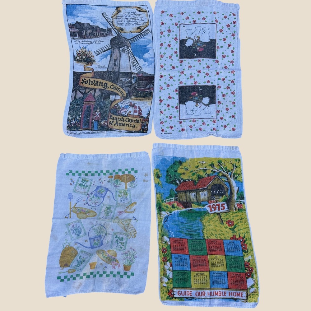 Vintage Tea Towel Lot 1975 Calendar Solvang California Garden Polar Bear Linen - Picture 1 of 7